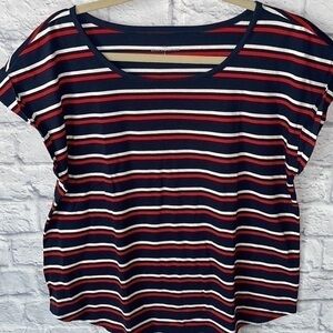 LL Bean Signature Top Stretch Scoopneck Striped Cuff Cap Sleeve Tee